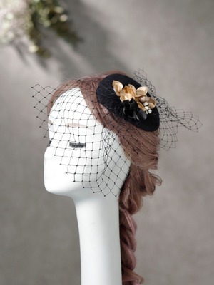 【人気のトーク帽　ブラック】　ウェディング　袴　振袖　成人式　ヘアドレス　ヘアパーツ　プリザーブドフラワー　ドライフラワーフラワー　k-0019