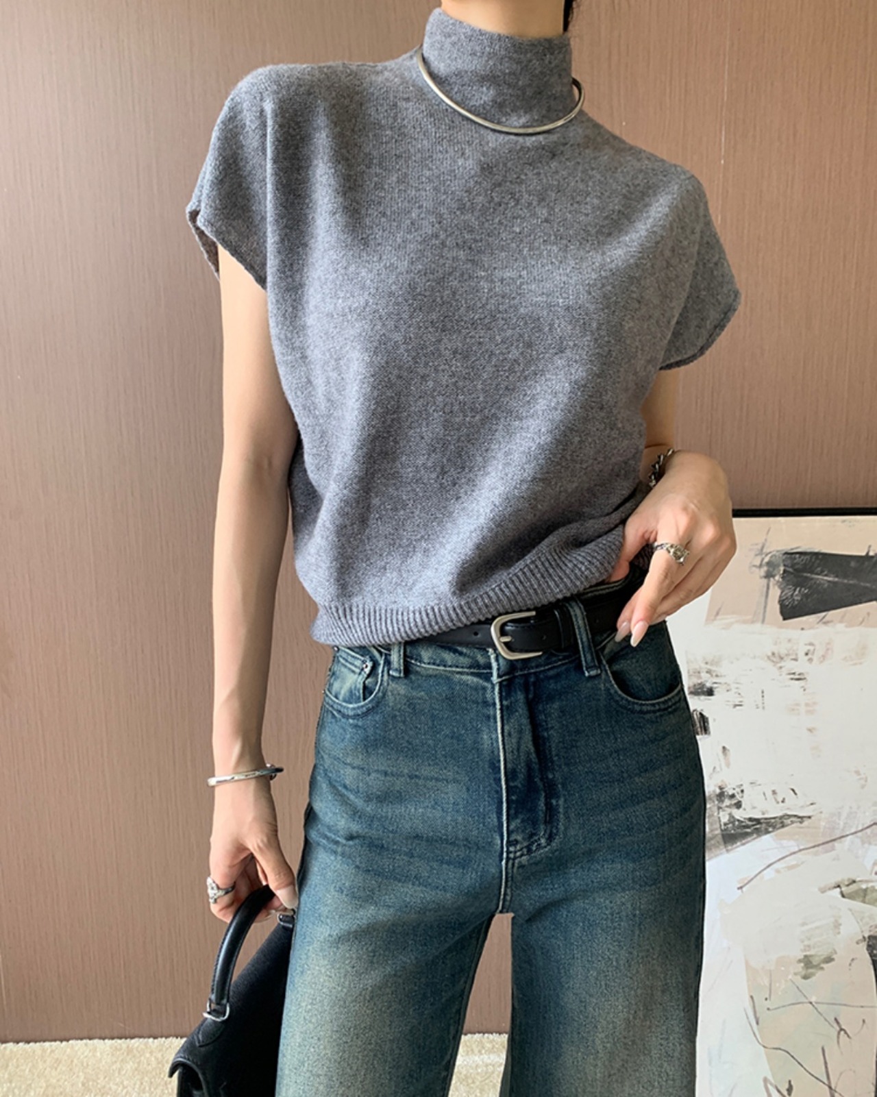 Plain highneck shortsleeve Sweater　T20097