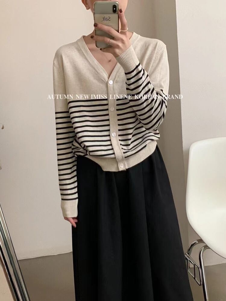ストライプニットカーディガンオータム長袖スリーブルーズVネック ロング 秋物 ビッグFスモールZ韓国57402712946
