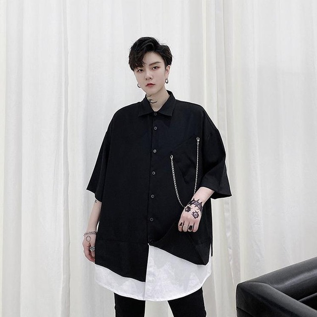 メンズ 春服 シャツ 半袖 デザインシャツ チェーンストラップ ゆったり かっこいい ストリート系 原宿系 オルチャン 10代 代 モード系 ファッション専門店 With U