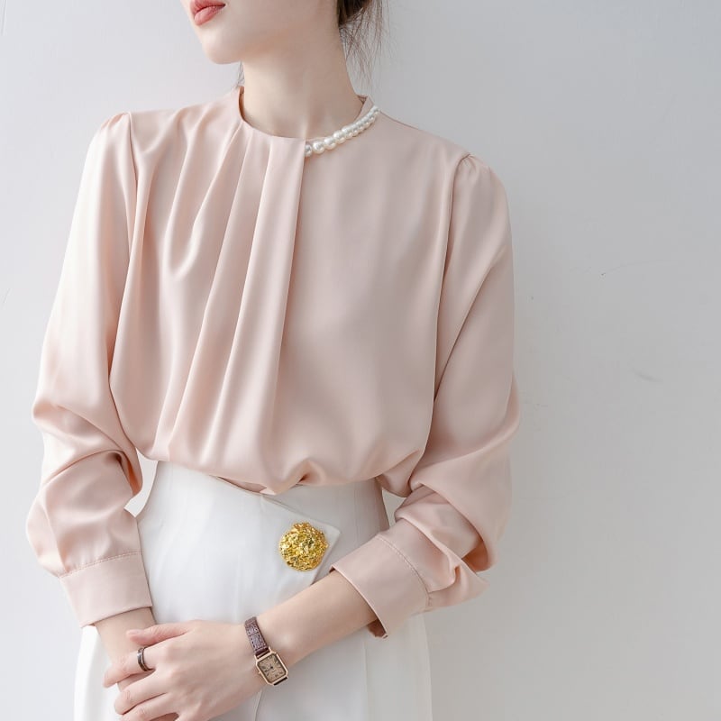 パール付きラウンドネックブラウス Me0954