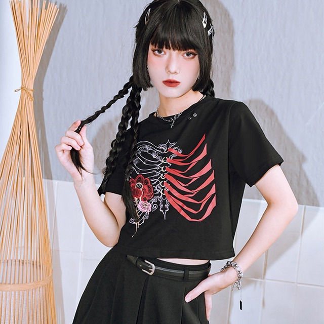 ゴスロリ通販 With U  チャイナ風 ゴシック 古怪舎 Tシャツ 半袖トップス スケルトン 花柄 プリント