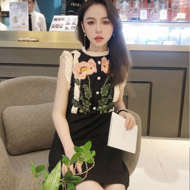 ワンピース ドレス レディース オケージョンワンピ 刺繍 フラワー 花柄 かわいい おしゃれ ノースリーブ 膝上丈 ミニワンピ ブラック S/M/L