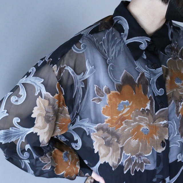 beautiful flower art pattern black mode see-through shirt