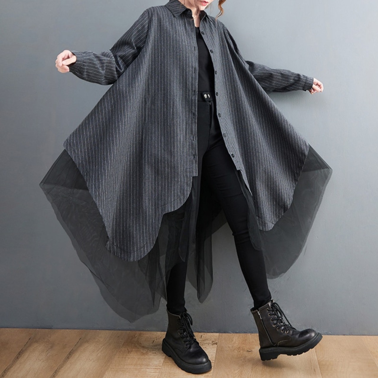 Striped Spliced Mesh Shirt Dress / ストライプ シャツ × メッシュ ワンピース