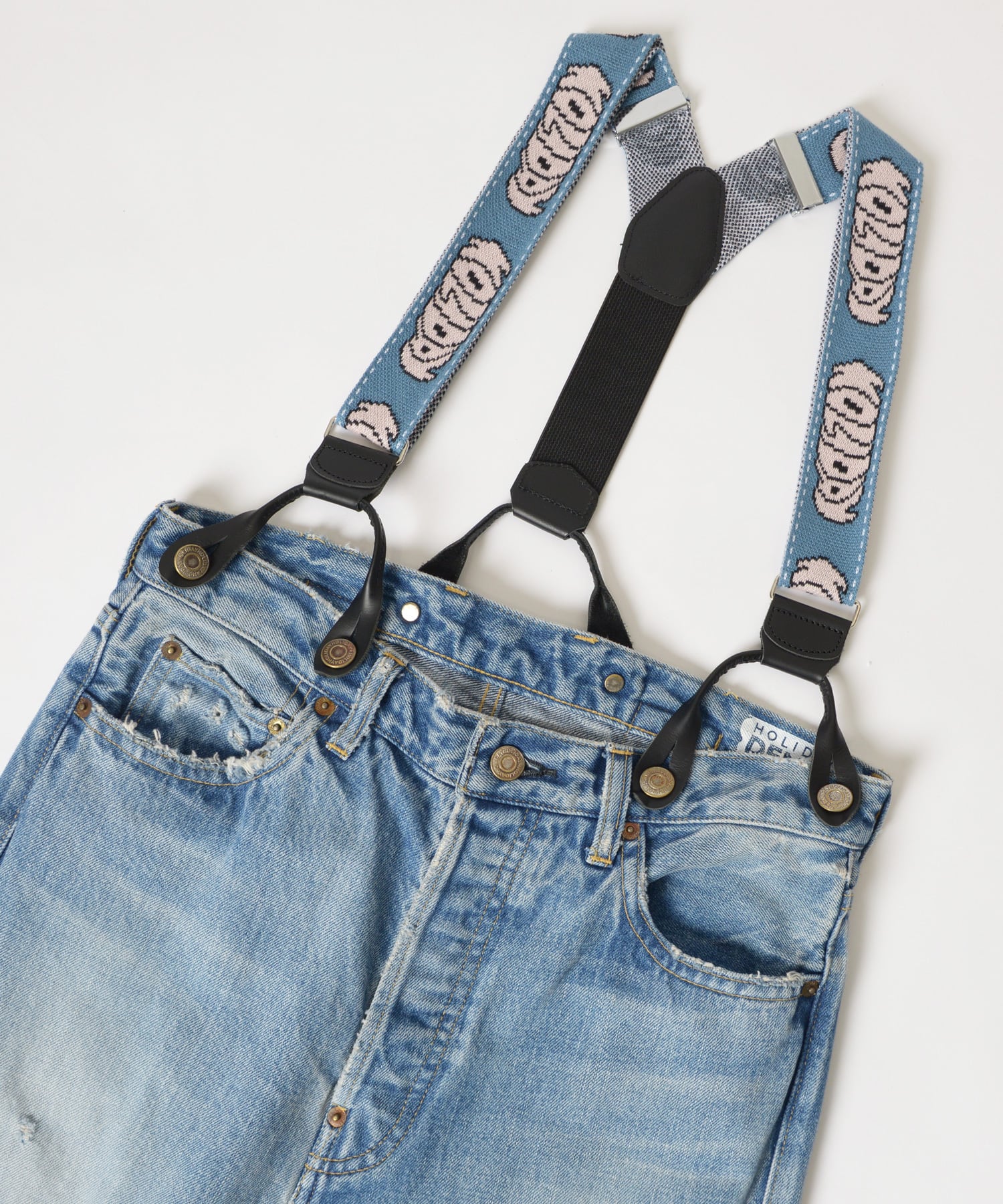 HOLIDAY DAMAGE DENIM SUSPENDER PANTS | swirl