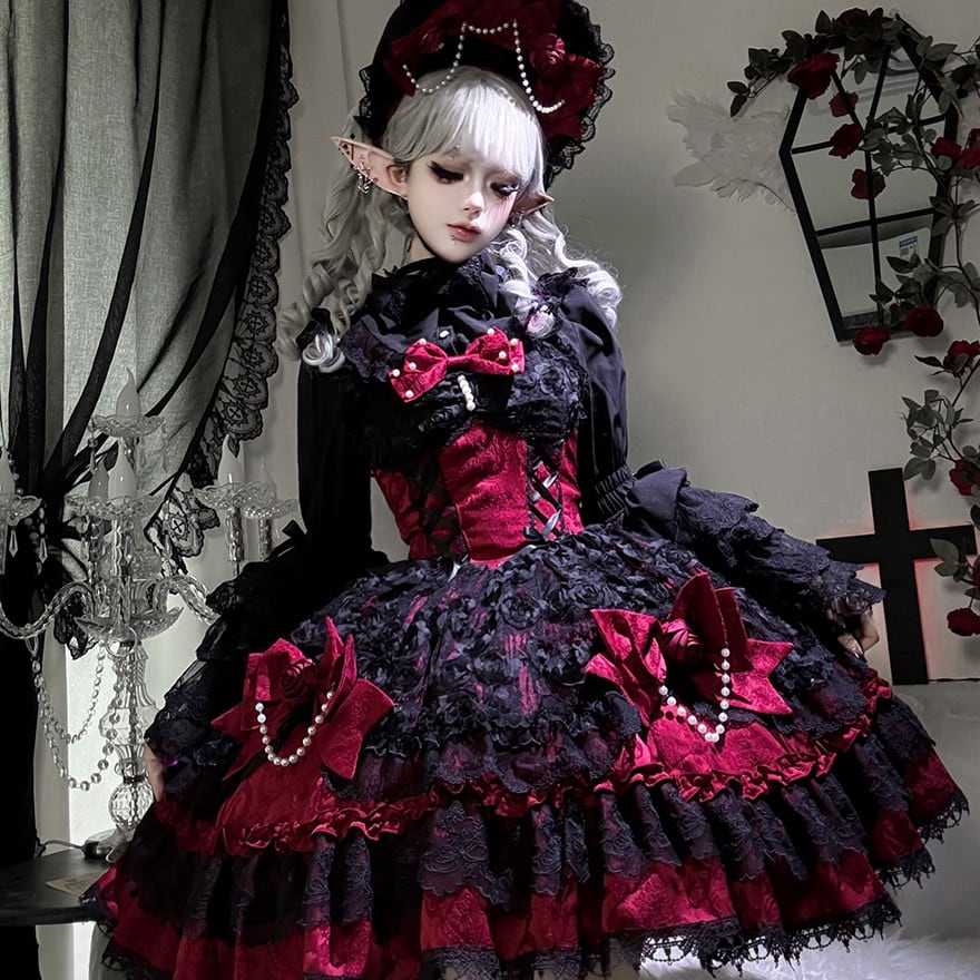 地雷系 ボンネット ダーク ゴシック レースアップ 薔薇 リボン