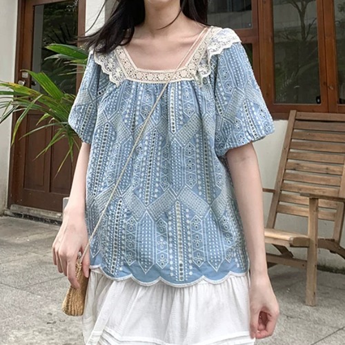レース切り替え刺繍スカラップブラウス ・12020