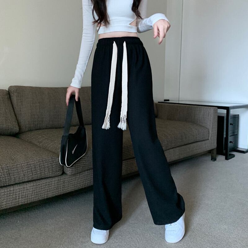 パンツ オータムスタンダードストレッチハイウェストウェストブラックルーズ レトロ エラスティック 伸縮 秋物 ガールズファッション40124381947