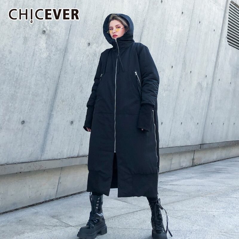 CHICEVERルーズシックサストランスコート女性フード付き長袖黒特大サイドスプリットコットンコート2020冬 ロング ブラック ウィンター 冬物 6base569823326667