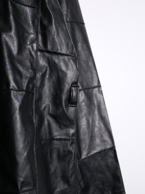 "ツギハギ" design XXX over silhouette open collar fake leather jacket