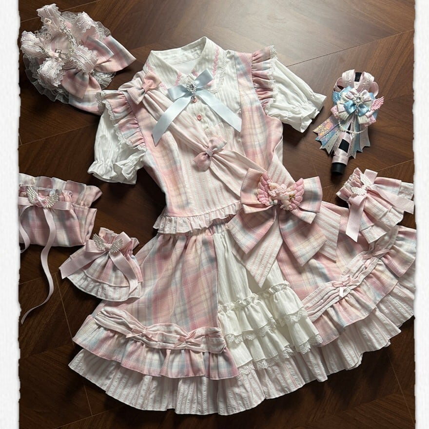 ライブ衣装 チェック柄セットアップ ピンク×ブルー フリルステージ向け