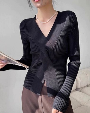 クロスVネックリブニット 3color A0524