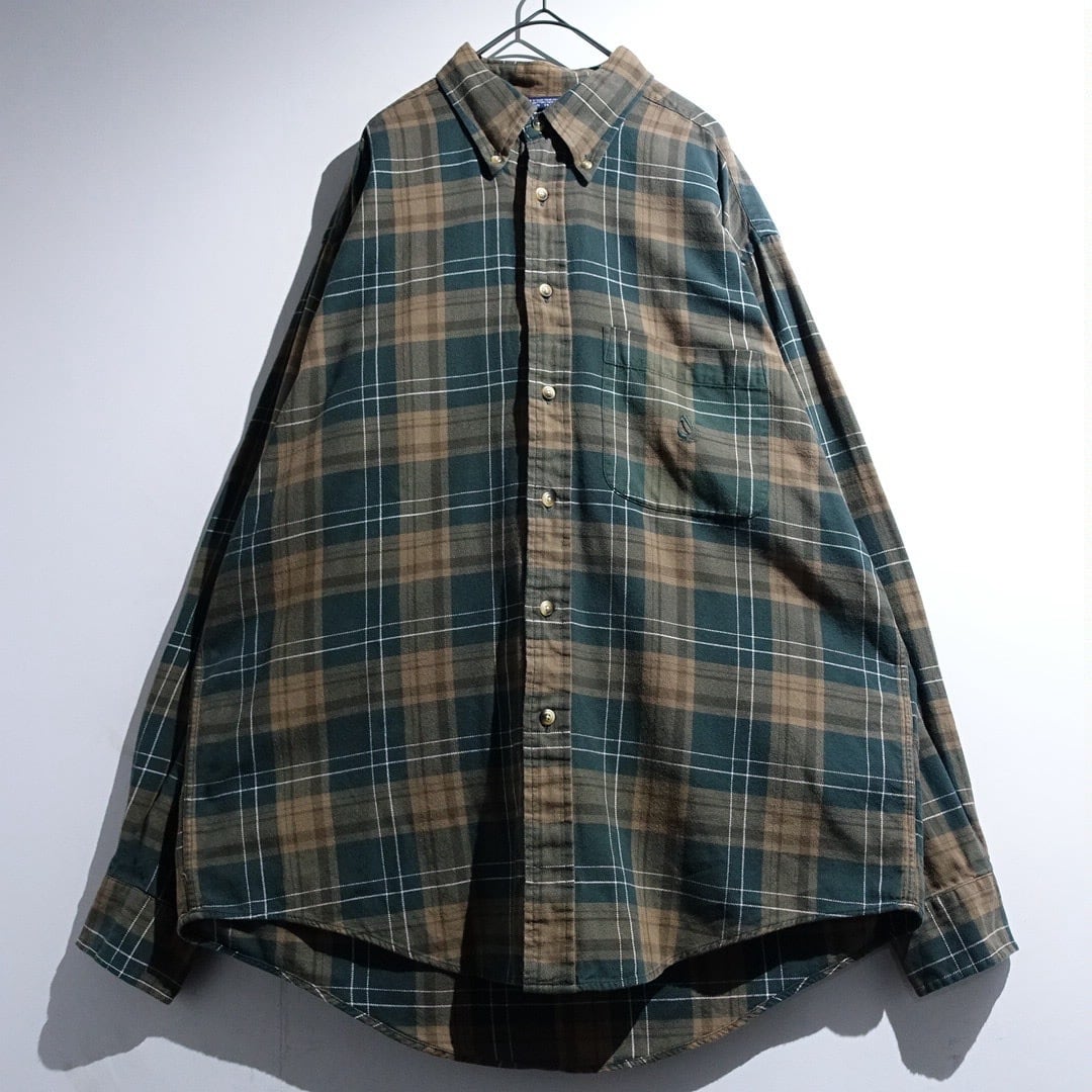 90s "NAUTICA" Green × Brown Check Design Cotton Button-Down Shirt