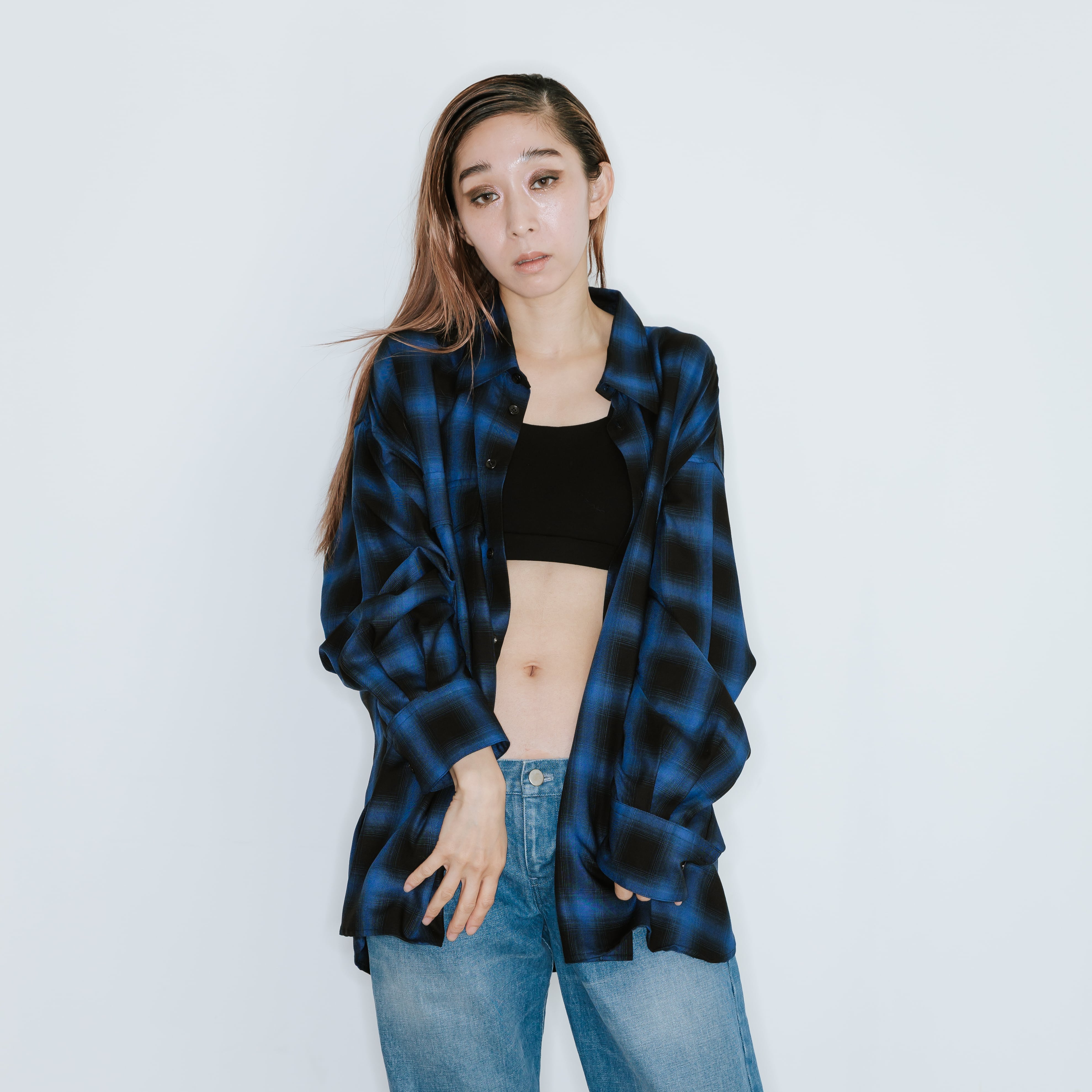 rayon twill ombre check shirt akio