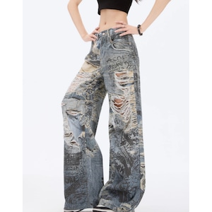 damage processing wide leg loose fit denim pants la1974