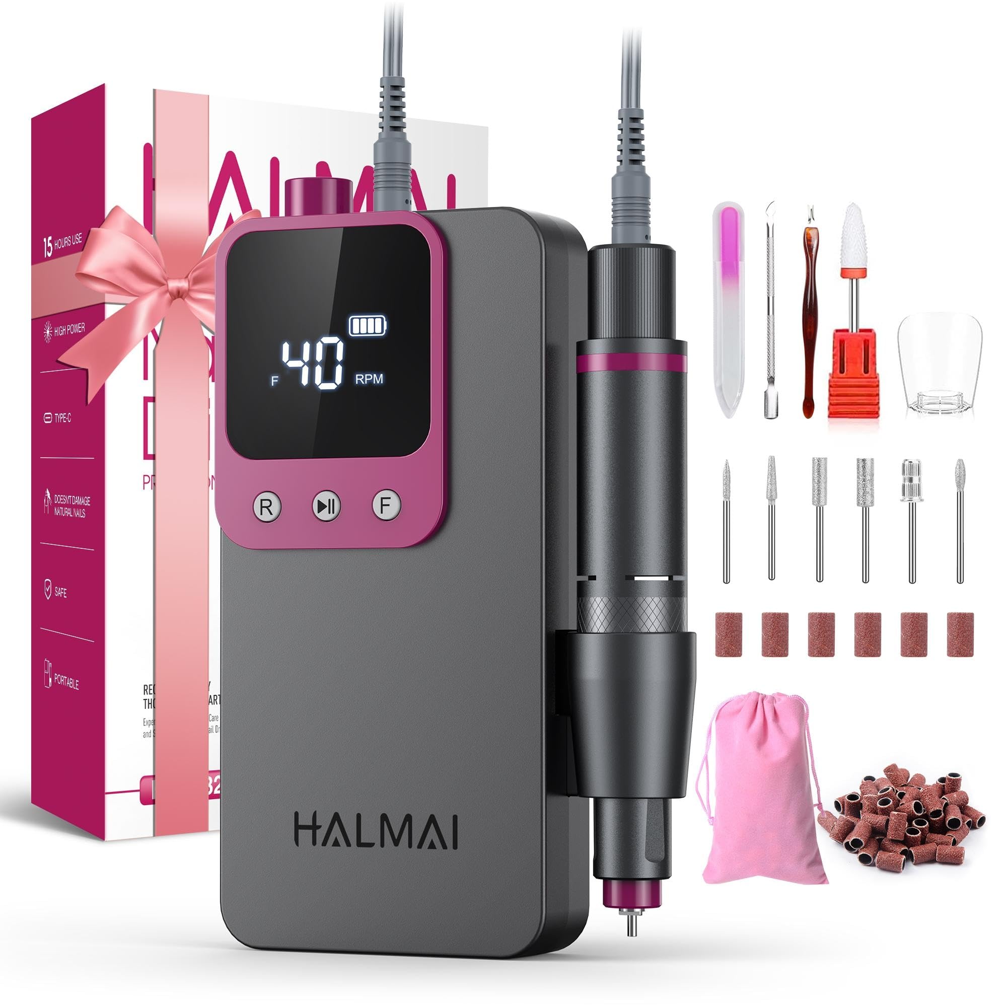 【人気】HALMAI HMC320 プロフェッショナル電動ネイルドリル 携帯式ネイルファイル アクリルジェルネイル用 コードレス充電式 超強力ネイルドリルキット 40000RPM サロン級EFileマシン (黒灰色)