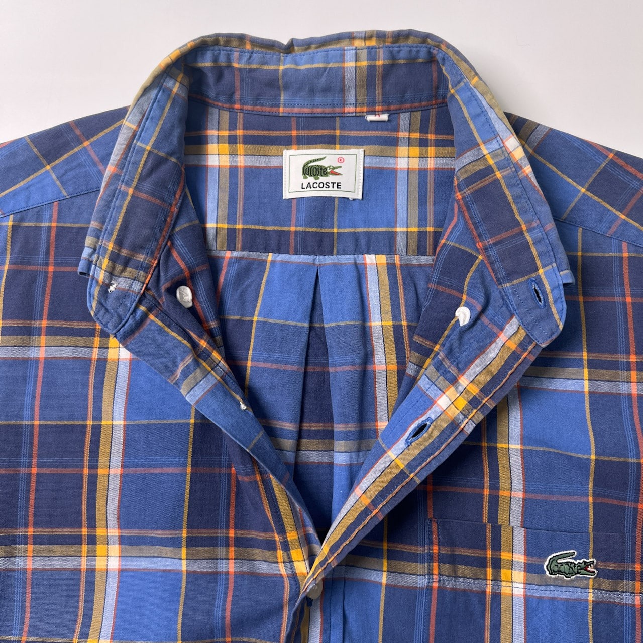 90s vintage LACOSTE ラコステ チェック柄 BD 半袖シャツ 3/ブルー 系/文字ワニ