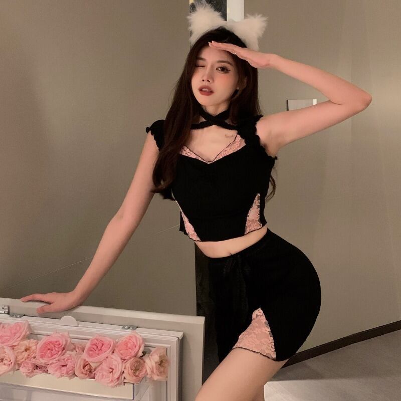 サマーレースTシャツ スカート 大人ガーリー スウィート キュート カジュアル 夏物 ステッチ ハンチェンe53354324775