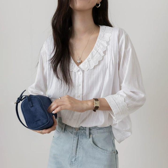 embroidery collar & cuffs stripe blouse 14463