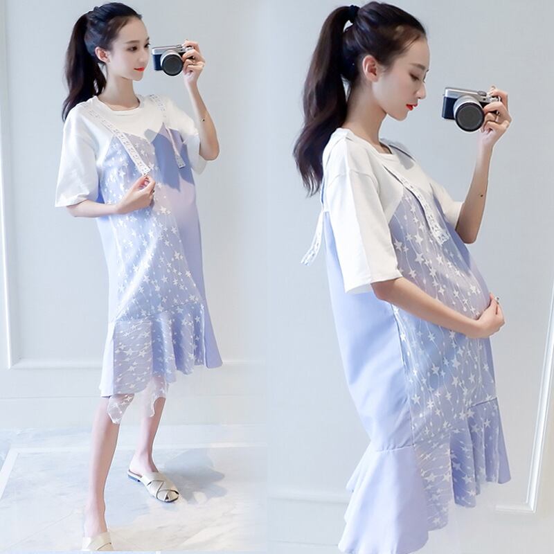 【新作】【送料無料】 マタニティドレス2019夏バージョンの新しいファッションステッチルーズマタニティドレスミドルレングスとラージサイズのマタニティドレス-アリババ 大きめサイズ サマー 夏物 expec278156111275