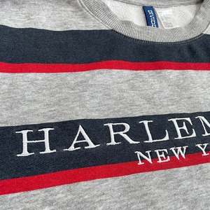 【H&M】HARLEM CITY NEW YORK 刺繍ロゴ ボーダー スウェット トレーナー プルオーバー マルチカラー SMALL エイチ アンド エム US古着