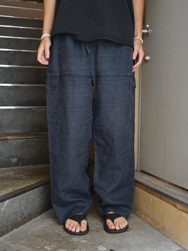 ［W60 L98］L'atelier 100% Linen NAVY Drawstring Elastic Waist Multi Pocket Wide Pants