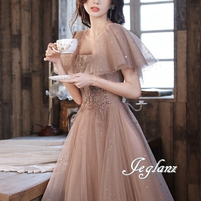 パーティ ドレス ボリュームチュール 背中 編み上げ ラメ 光沢感 (M8931)ε