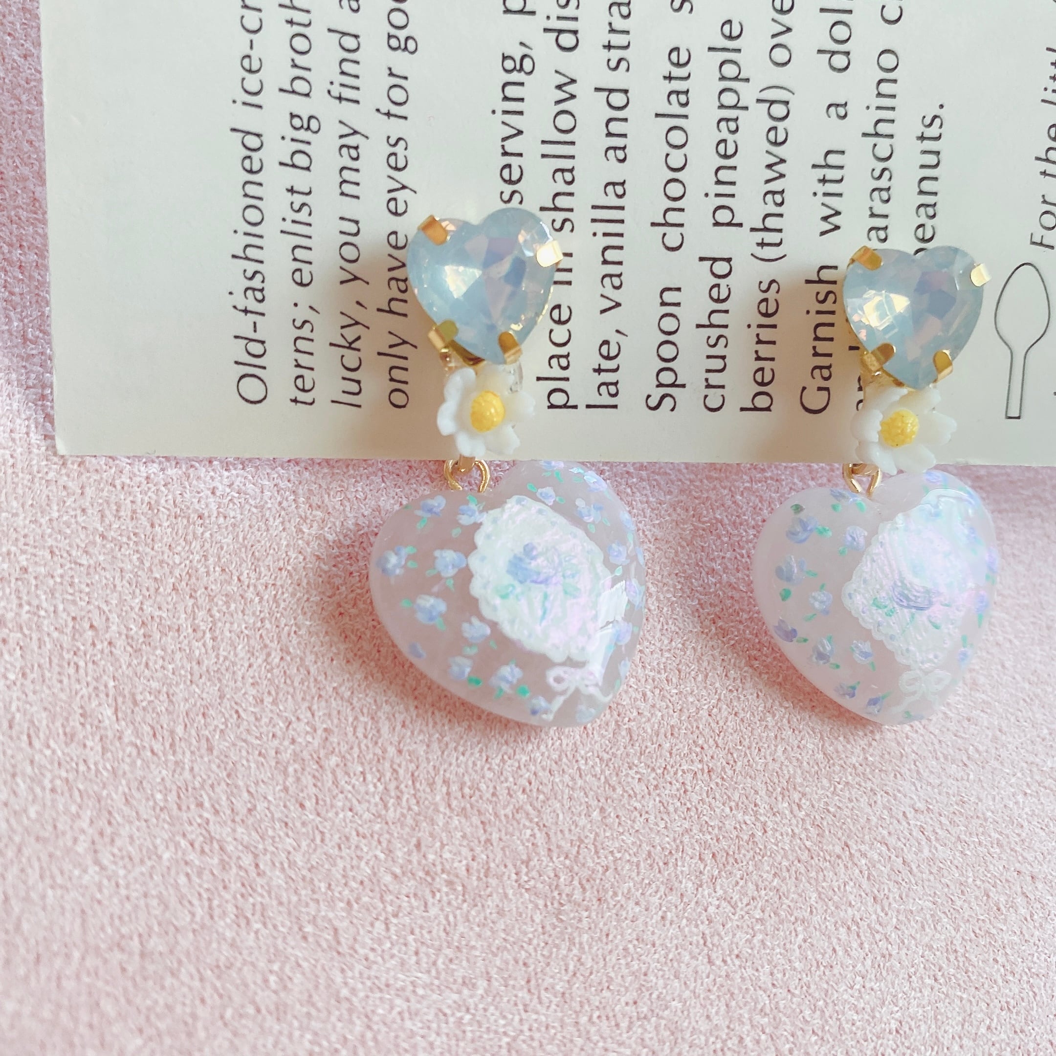 レディハンカチ耳飾りhandkerchief floral hand painted earrings（Blueイヤリング）