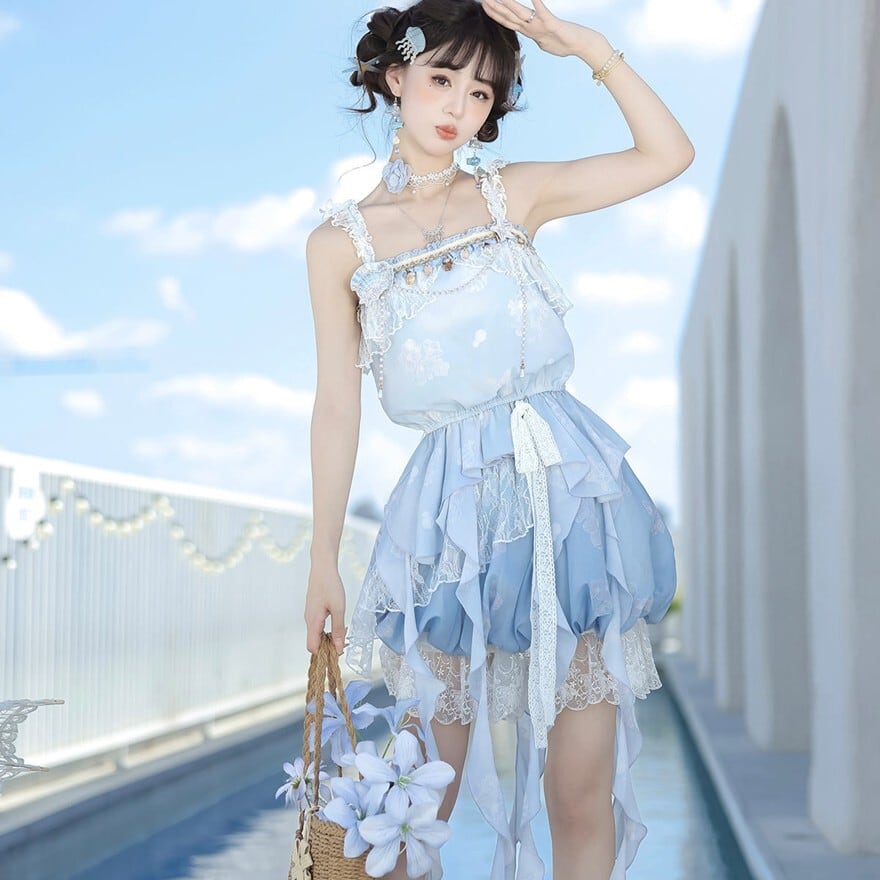 マーメイド風 レースセットアップ ミニスカート アイスブルー リゾート