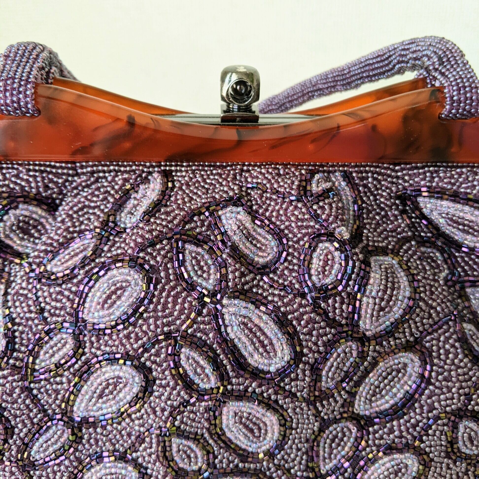Vintage】ビーズ刺繍バッグ Beaded Bag 紫 蔦 幾何学模様 パーティー