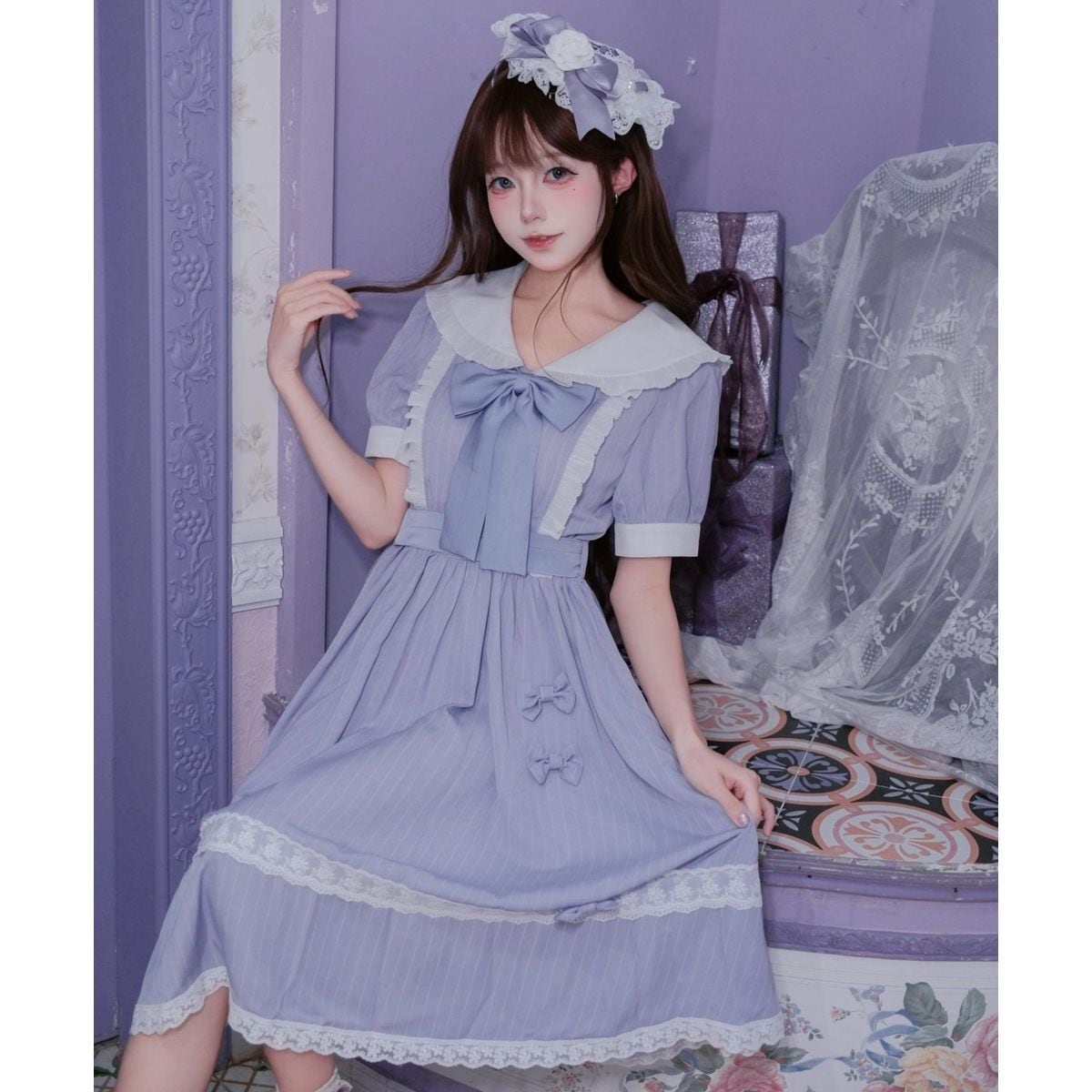 【GWセール】overE ルミナスワンピース　ラベンダー　96 102 ラベンダーふんわりレース重ねワンピース | Maiden's Rêve