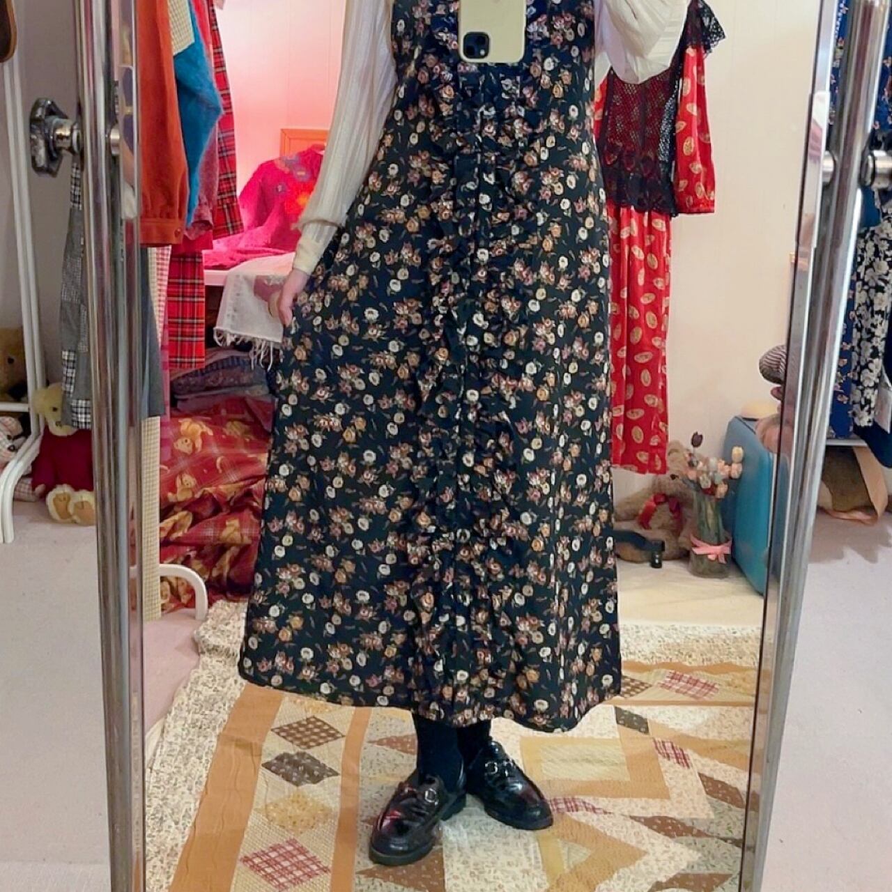 black flower frill button jumper skirt