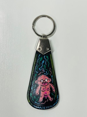 精子模様手描き靴べらキーホルダー黒皮