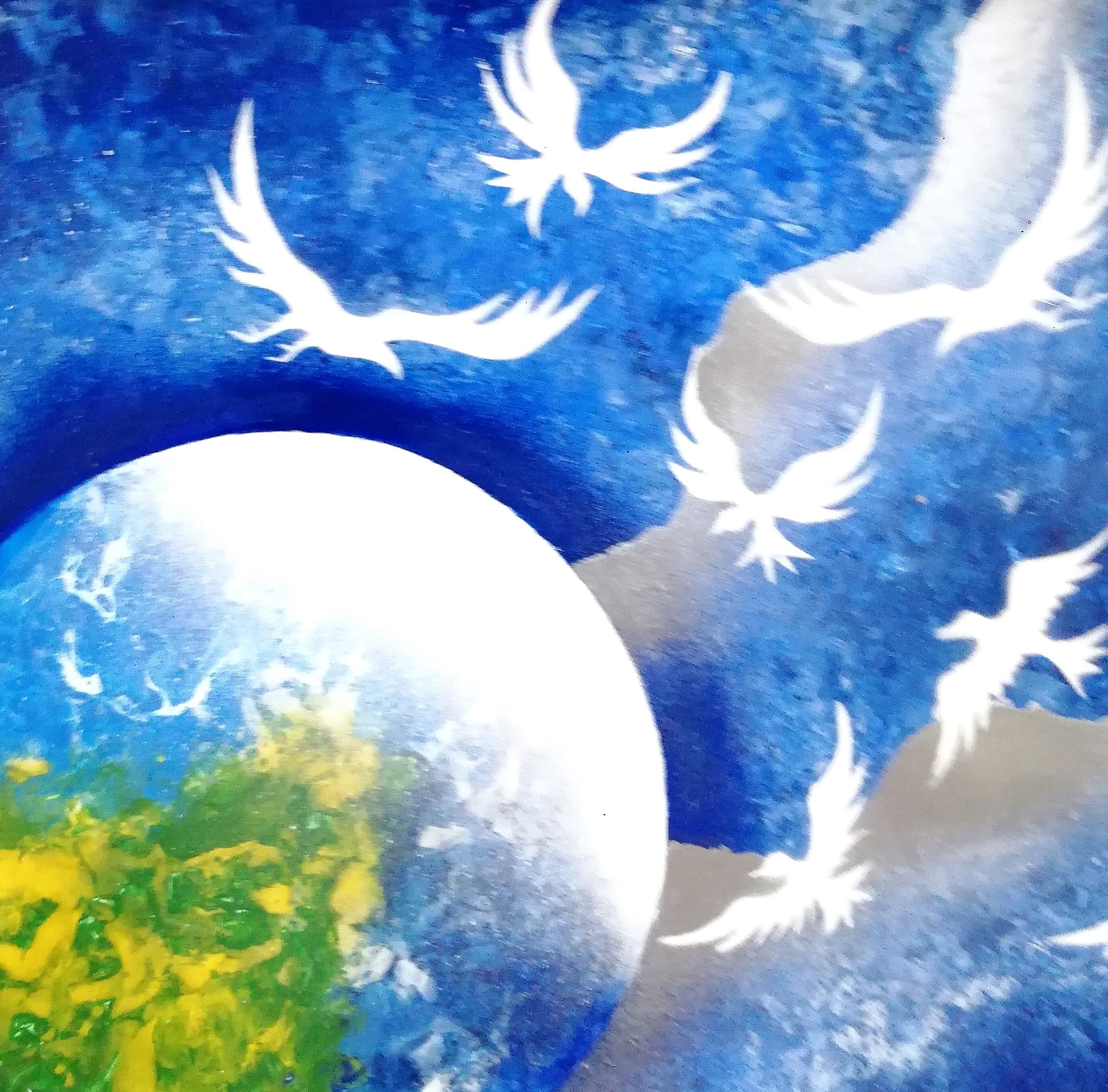 スプレーアート額付き・A4 【地球＆7羽の白い鳥の絵】 | Pay ID