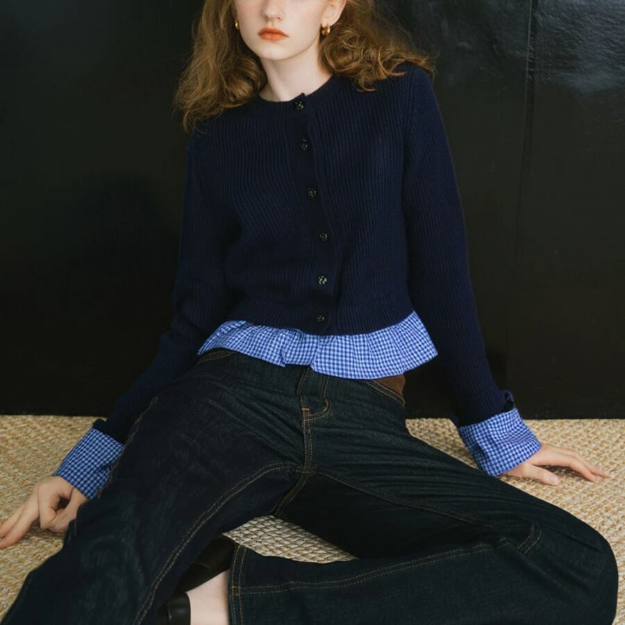 チェック柄レースパッチワークカーディガン