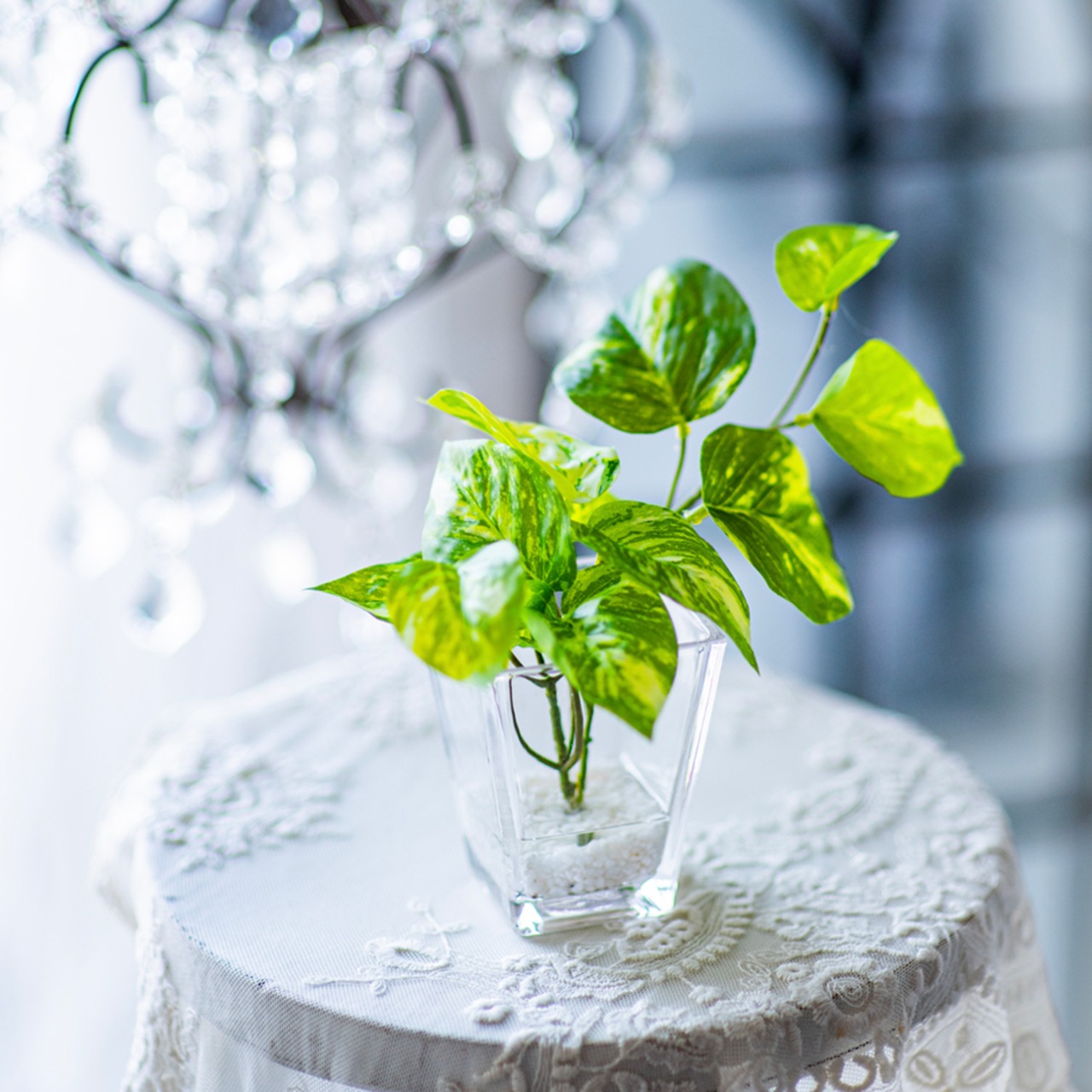 ポトス 造花 観葉植物 フェイクグリーン ガラス花瓶 卓上インテリア H18cm