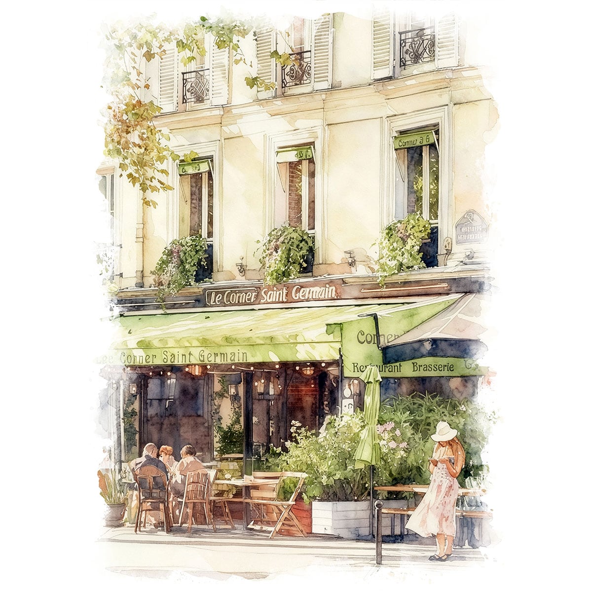 絵画 フランス 風景画(街並み) パリのカフェ インテリアアート額付き 水彩画・油絵調 WAT0325