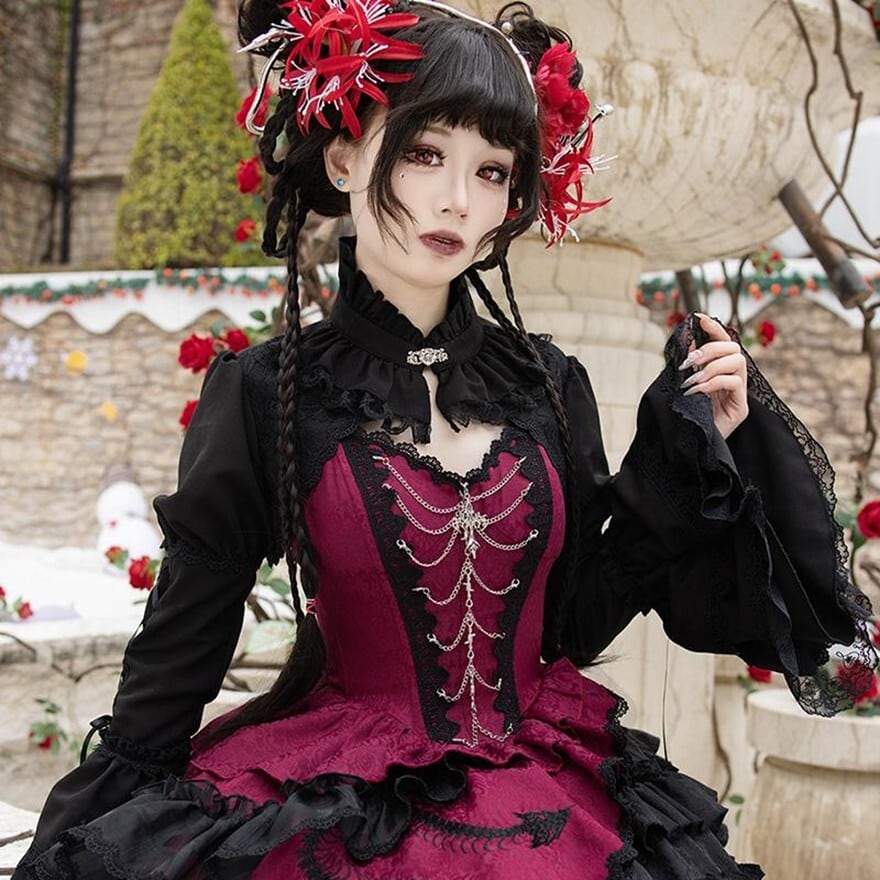 OZZONESTE ゴスロリ・ロリータスタイルブラウス 黒赤 秋 冬服 ゴスロリ ブラウス ショート 袖コン 姫袖 スリーブ レース