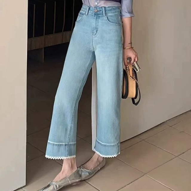 Lace trim denim pants A1738