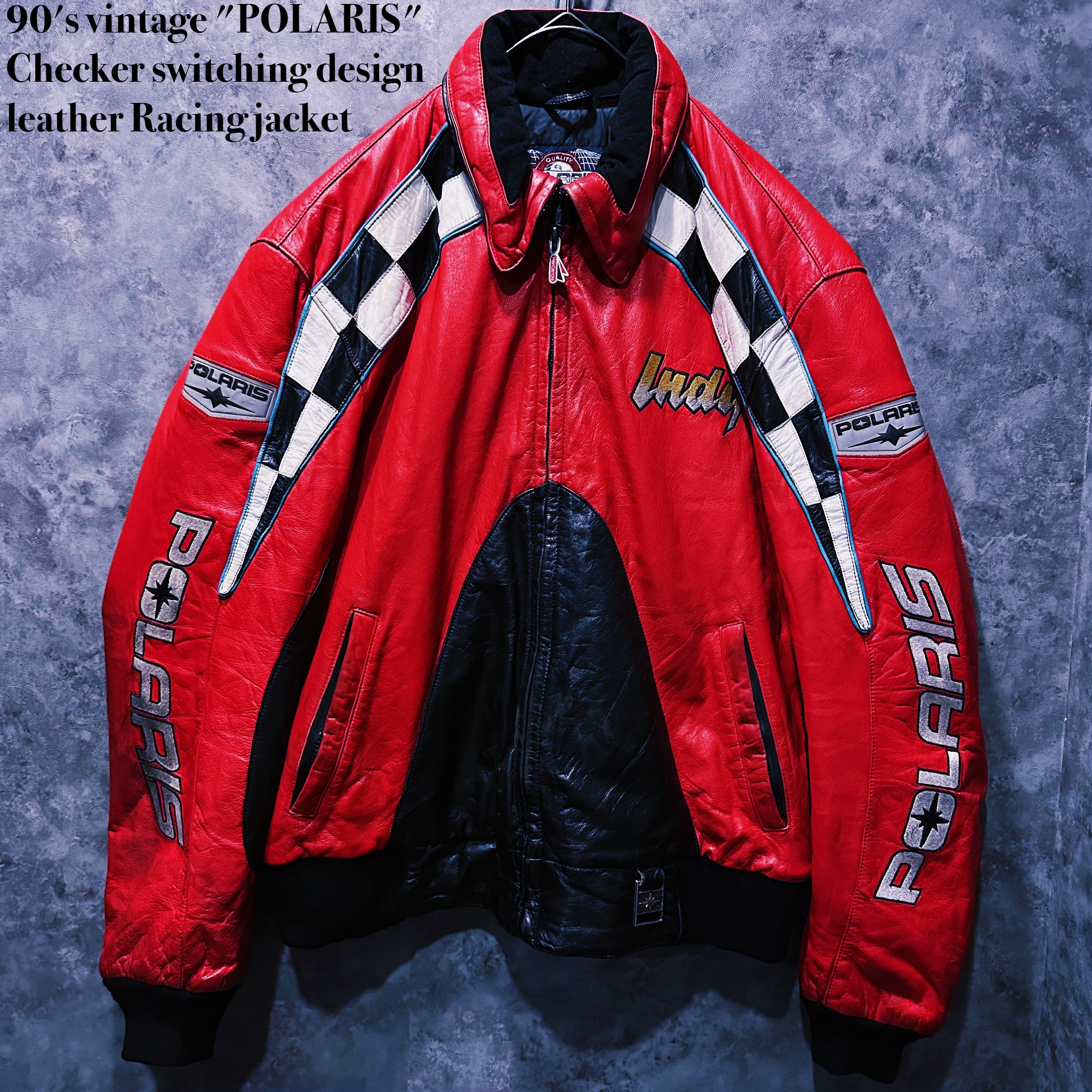 【doppio】90's vintage "POLARIS" Checker switching design leather Racing jacket