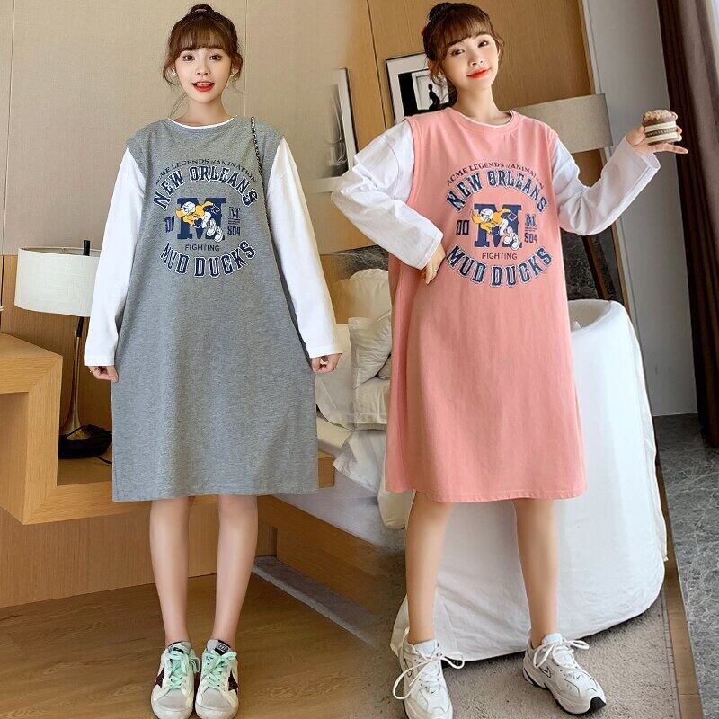 【新作】【送料無料】 8076＃マタニティ服春秋コットンレタープリントゆったりとしたスタイリッシュなドレス妊婦ママドレス スプリング 春物 オータム 秋物 AL expec377928699918