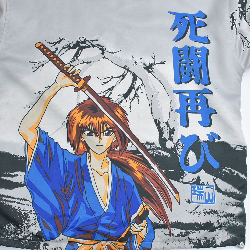 90s~ るろうに剣心 全面 プリントフード付き ボアジャケット 総柄 ZAM Urban Wear ヴィンテージ グレー アウター コート 少年ジャンプ 漫画 アニメ ビンテージ USA アメリカ古着 メンズXLサイズ
