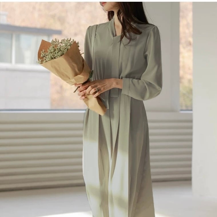 エレガント リボン付きプリーツロングワンピース YH8824