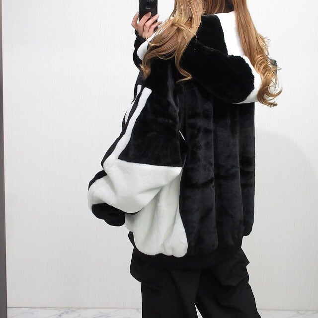 ハイネックZIP バイカラー配色 ボリュームBIGフード 極上 光沢 ファー
