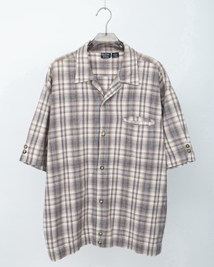 ombre check pattern open collar cotton short sleeve shirt