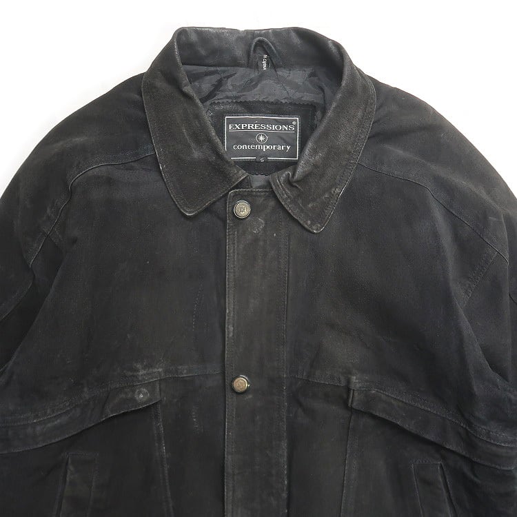 レザージャケット 黒 ボタン付き刺繍入り 古着系 レザージャケット 黒 ボタン付き刺繍入り 古着系 レザージャケット 黒