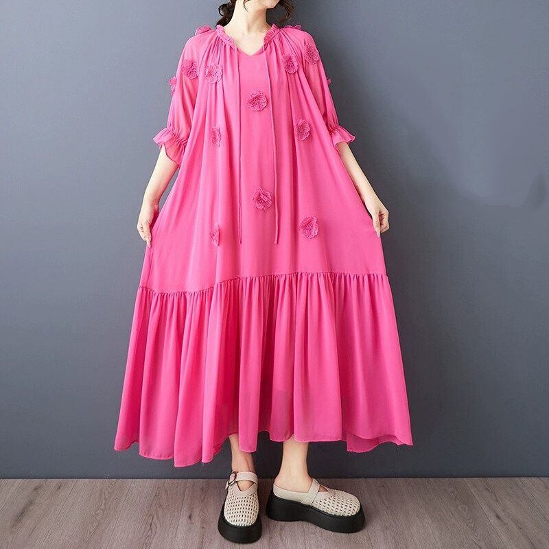PINK FLOWER MOTIF LONG PULLOVER DRESS 1color M-14142