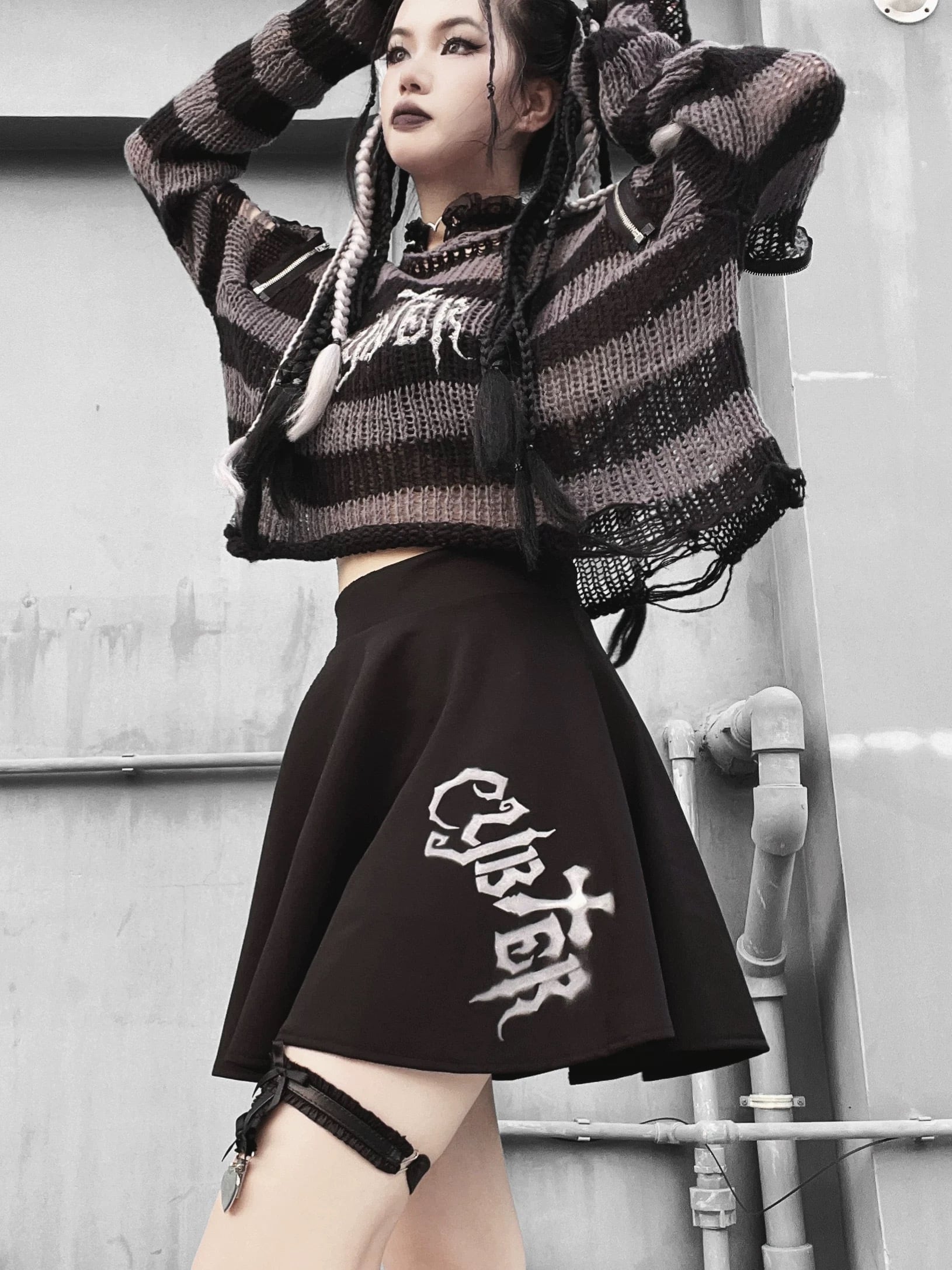 病みかわいい 個性的 袖2way長袖ニットトップス 秋服 カジュアル