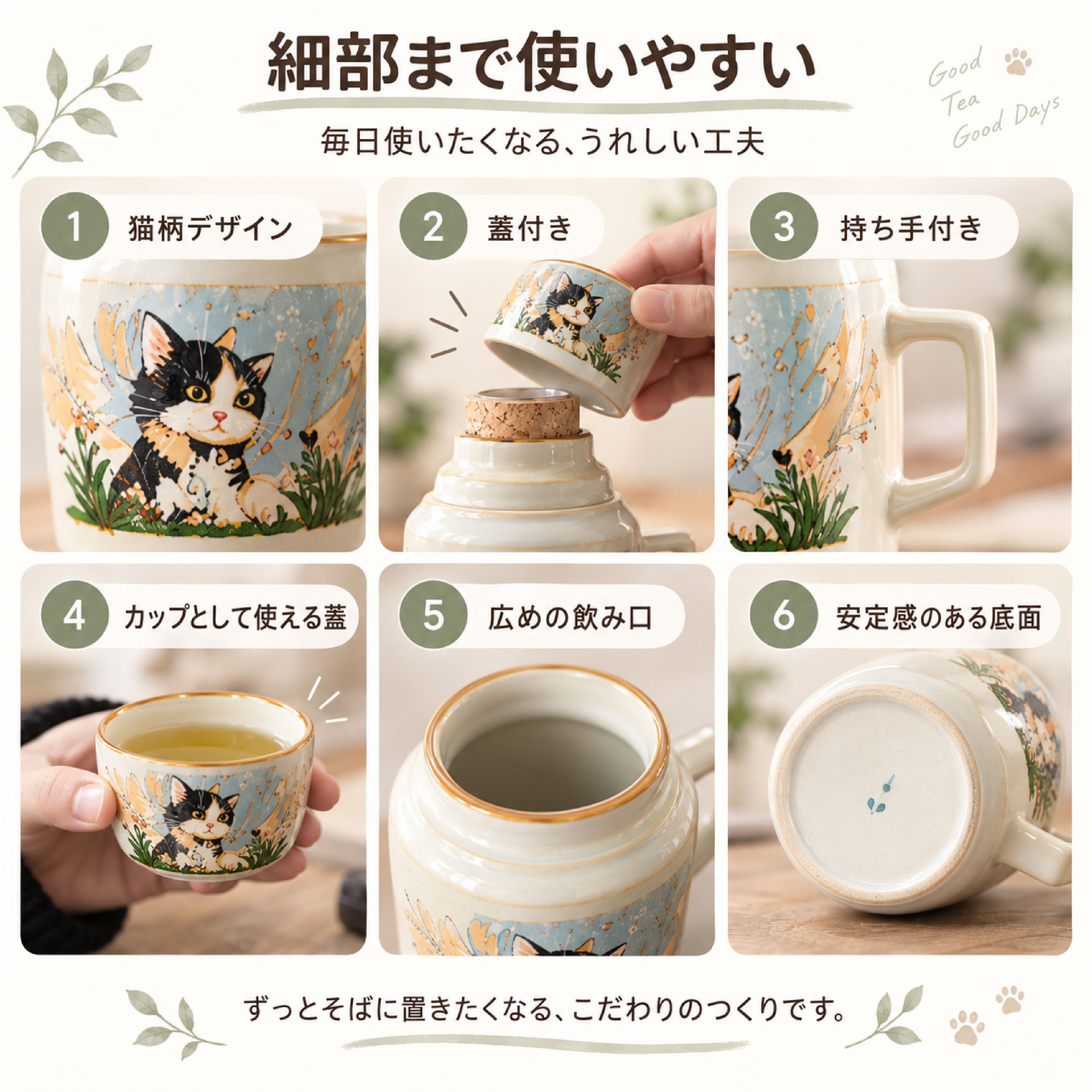 HY 1130 .猫柄陶器茶器 蓋付きマグカップ 急須風ティーカップ